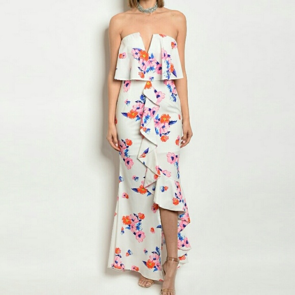 High Low Strapless Floral Print Maxi Dress - Picture 4 of 6